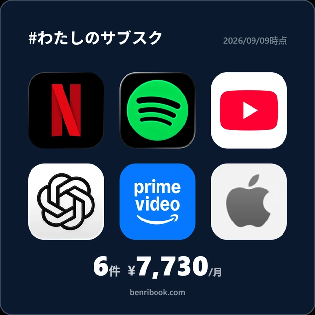 サブスクを並べたカードの例（6件）
